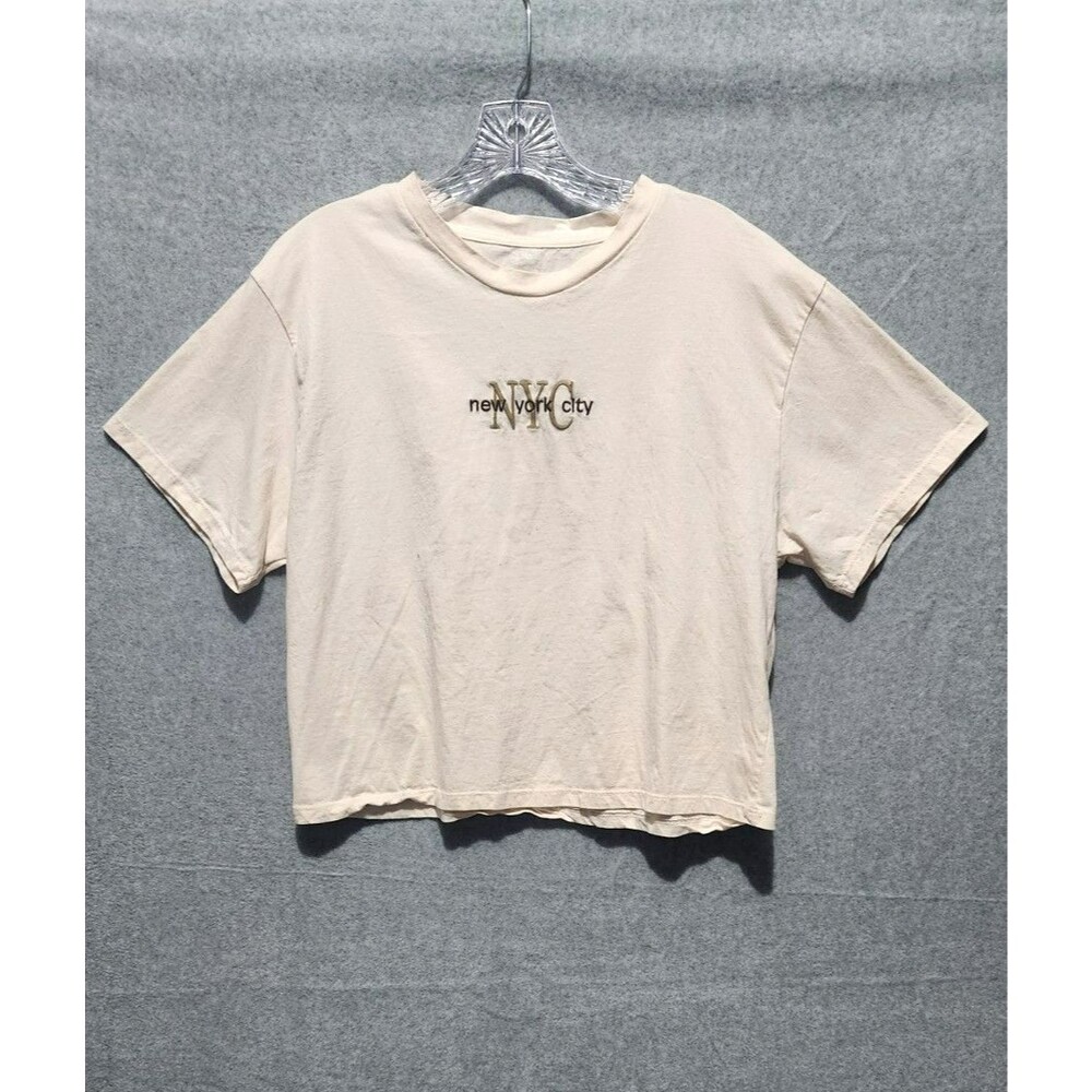 Queen Bee Trendy NYC Embroidered Crop Top- Cream Short Sleeve Boxy Tee - Size XL